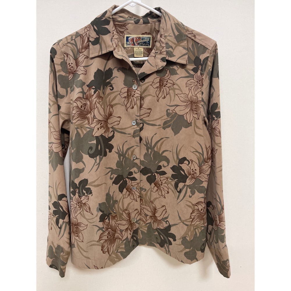 La Cabana Womens M Faux Suede Floral Button Down Shirt Long Sleeve Tan Brown